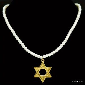 Elegant Gold Star of David  Pendant imitation Pearl Necklace